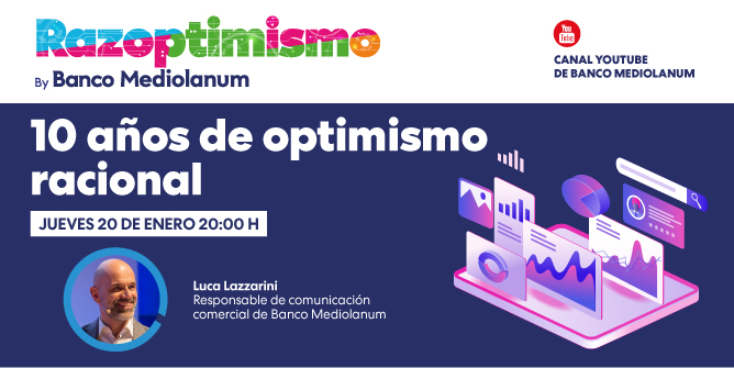 Optimismo racional. Estos dos conceptos pueden sonar opuestos pero en realidad tienen mucho que ver y <a href="/LucaLazzarini/">Luca Lazzarini</a> quiere explicártelo a través de "10 años de Optimismo Racional", la nueva entrega de #Razoptimismo. ¡No te lo pierdas!

⏰ A las 20:00h en
youtube.com/bancomediolanum