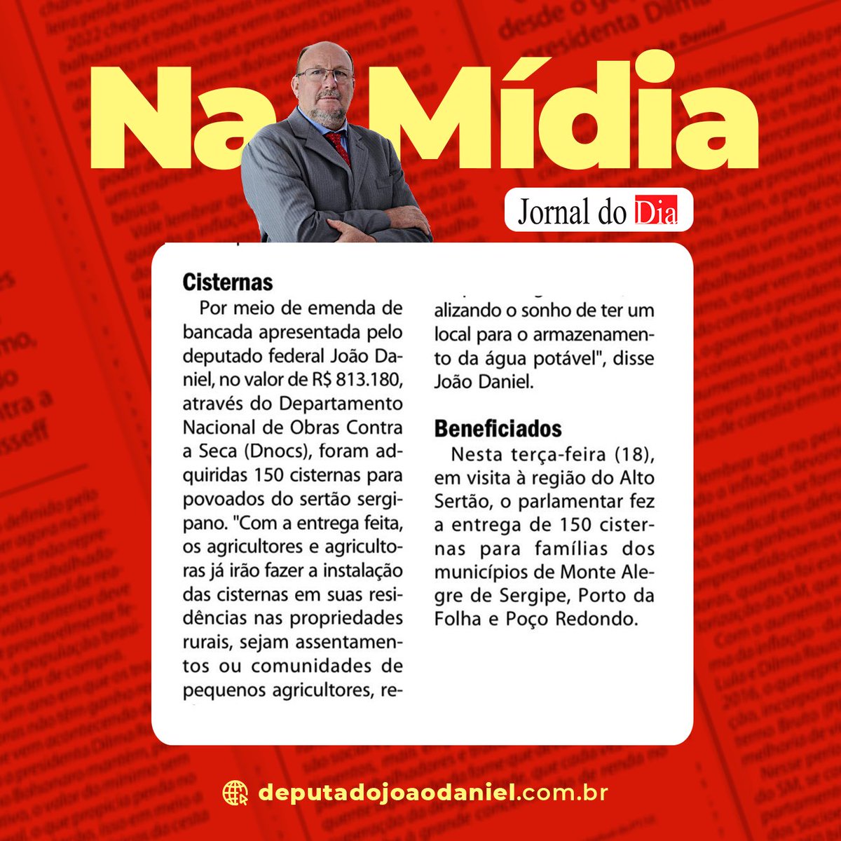 depjoaodanielpt's tweet photo. 📰 Confira as notas publicadas na edição de hoje do Jornal do Dia sobre as 150 cisternas que foram adquiridas através de emenda nossa para o sertão sergipano, com o objetivo de fortalecer a agricultura, especialmente no período de seca. #combateaseca #agriculturafamiliar #sergipe https://t.co/a6rTREMVSS