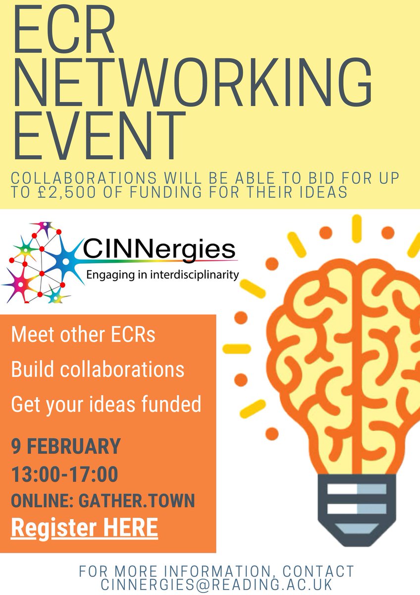 CINNergies (@cinnergies) on Twitter photo ECR Networking Event! Meet other ECRs 🤝, build collaborations💡, and get your ideas funded💰! Wed 9 Feb 2022 1-5pm. Register now at: tinyurl.com/34s47jcc
#research #interdisciplinarity #ECRs
<a href="/CINNergies/">CINNergies</a> <a href="/UniRdg_Research/">Connecting Research</a> <a href="/UniRdg_Psych/">Psychology & Clinical Language Sciences at Reading</a> ECR Networking Event! Meet other ECRs 🤝, build collaborations💡, and get your ideas funded💰! Wed 9 Feb 2022 1-5pm. Register now at: tinyurl.com/34s47jcc
#research #interdisciplinarity #ECRs
<a href="/CINNergies/">CINNergies</a> <a href="/UniRdg_Research/">Connecting Research</a> <a href="/UniRdg_Psych/">Psychology & Clinical Language Sciences at Reading</a>
