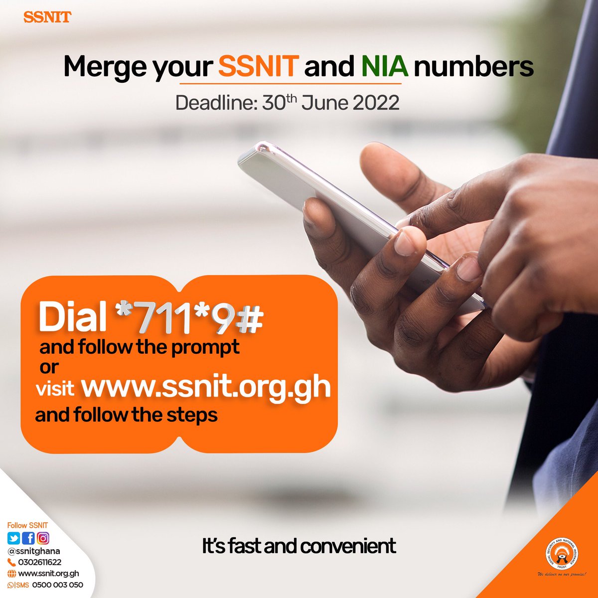 SSNITGhana's tweet photo. Dear @SSNITGhana Member,
Please merge your #SSNITGhana and NIA numbers by 30th June 2022.
Dial *711*9# and select option 1. No call credit needed.
You may also visit https://t.co/WYLGP6QM7N and follow the steps.
#SSNITNIANUMBERSMERGER https://t.co/img77BL5Rt