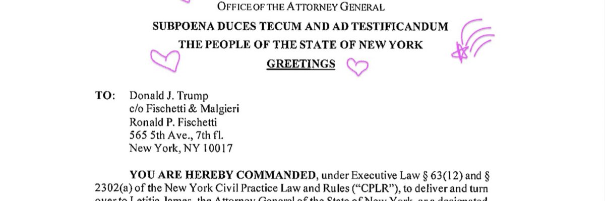 girlsreallyrule's tweet photo. Feel free to steal my Twitter banner, announcing Trump's subpoena in NY...doodles and all. 💗⭐️🌈 https://t.co/gnj4Ninjn4
