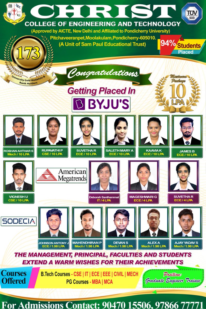 christcet's tweet photo. Admission in Progress for the Academic Year 2021-2022. Christ College of Engineering and Technology has been grooming the students in all aspects as per the expectations of the corporate world and placing them in the Top-Notch companies. #placement #college #engineering https://t.co/jz5urAtG95