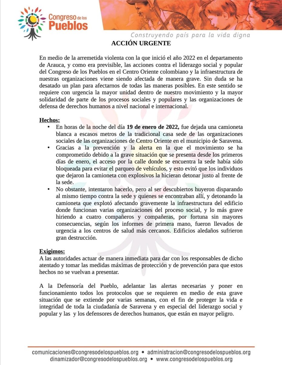 C_Pueblos's tweet photo. 🚨#Atención🚨| Denunciamos nuevo atentado contra el movimiento social en el departamento de Arauca, en el municipio de Saravena, dónde activaron un carro bomba y disparos contra la infraestructura de las organizaciones sociales. https://t.co/tuRxaoQ8CN