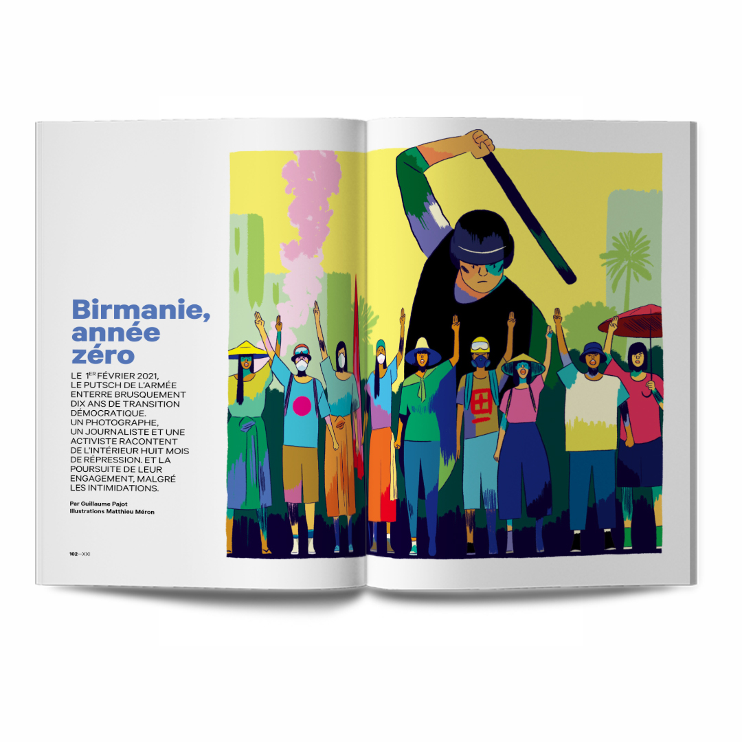 Revue21_'s tweet photo. Birmanie, année zéro
🇲🇲
Le 1er février 2021, le putsch de l'armée enterre dix ans de transition démocratique. Un photographe, un journaliste et une activiste racontent de l'intérieur huit mois de répression et leur engagement. Par @guillaumepajot. Illustrations Matthieu Méron. https://t.co/yQZHuYQbeb