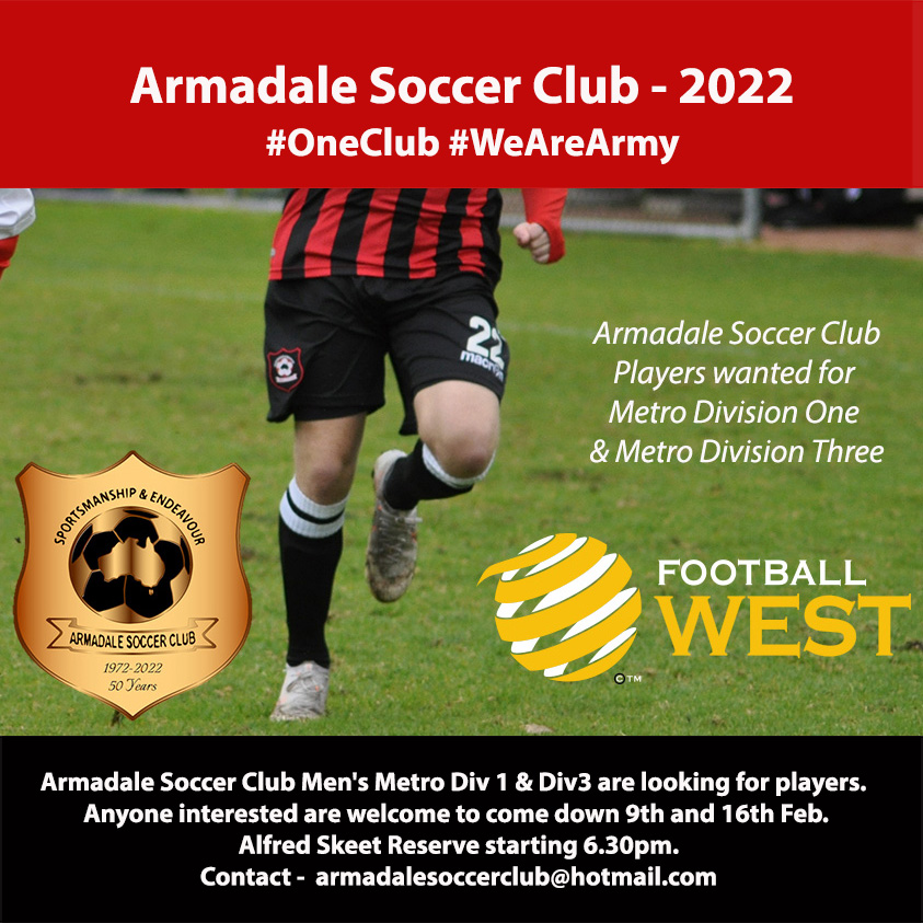 ArmadaleSoccer's tweet photo. Armadale Soccer Club Men's Metro Div 1 &amp; Div3 are looking for players.  Anyone interested are welcome to come down 9th and 16th Feb.  Alfred Skeet Reserve starting 6.30pm. Contact -  armadalesoccerclub@hotmail.com
#OneClub #WeAreArmy https://t.co/BZutPRZjfQ
