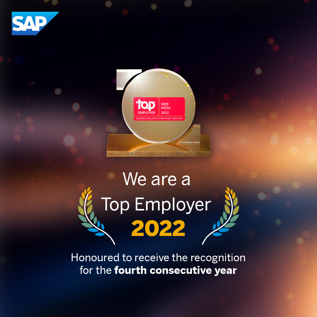 We are thrilled to announce that <a href="/SAP/">SAP</a> in #India has been recognised by the <a href="/topemployer/">Top Employers Institute</a> as the ‘Top Employer India 2022’ for the fourth consecutive year. This achievement stands as a testimony to our constant efforts to build the best-in-class experiences for our #colleagues.
