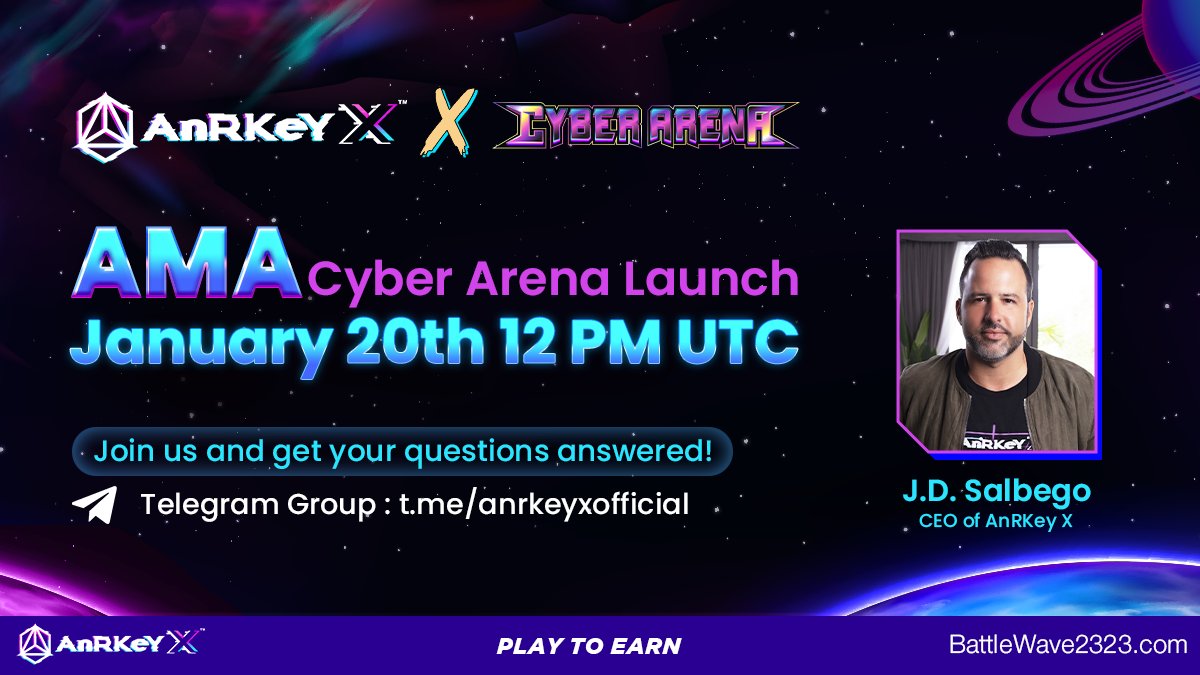 AnRKeyX's tweet photo. 🚨 Cyber Arena v.1 LIVE #AMA ON TELEGRAM!

💯 Catch our CEO J.D Salbego on LIVE AMA answering your questions!

👉 Starting SOON, January 20th 12PM UTC!

👀 Recieve $20 of $ANRX for the picked question! 

JOIN HERE! https://t.co/h2CnhmLvkP

#PlaytoEarn #GameFi #APY #DeFi #NFT https://t.co/j5D2YwLyy3