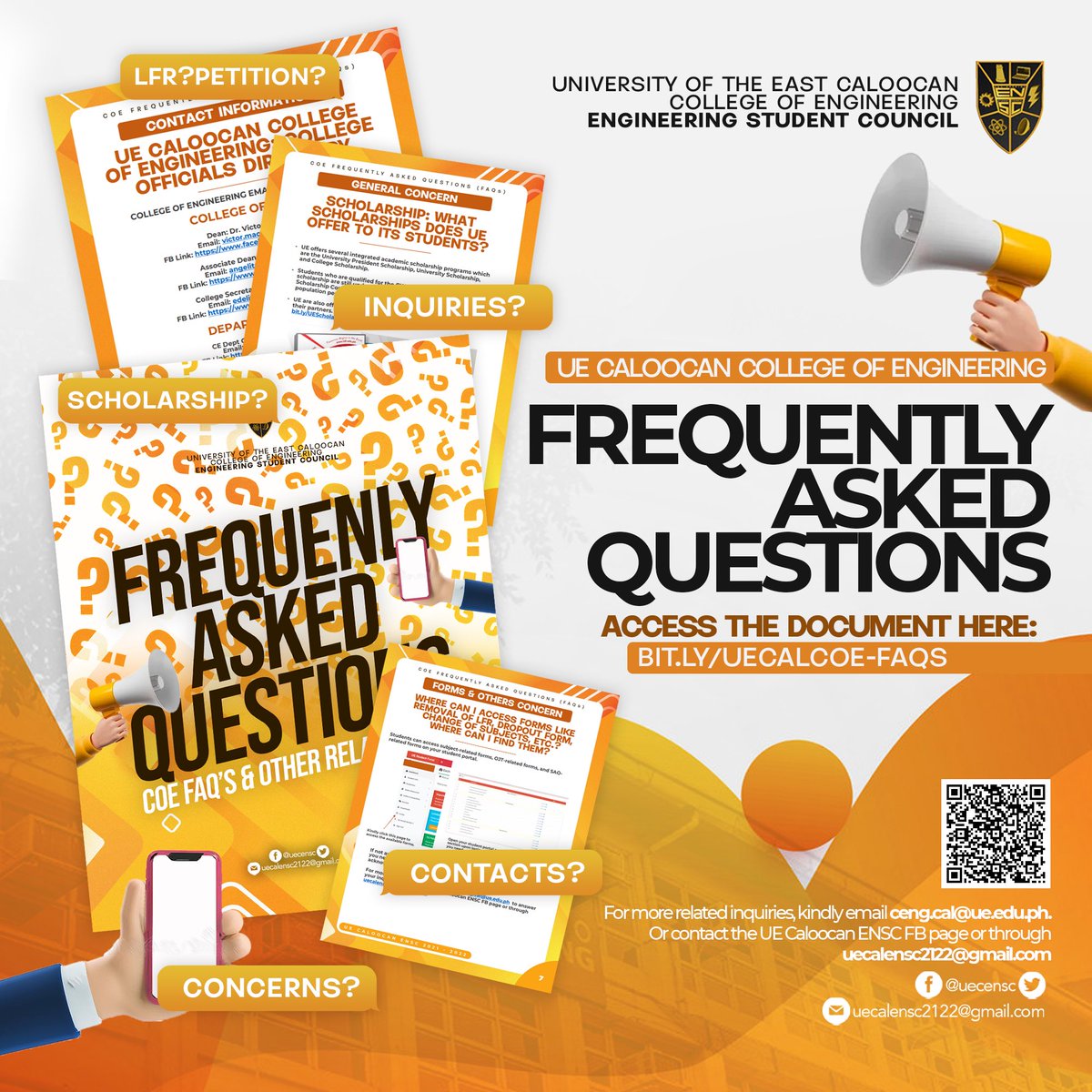 UECENSC's tweet photo. Got enrollment, tuition fee, or scholarship concerns? Well, we’ve got the answers for you!❓🧡

Access the FAQs from the College of Engineering by simply clicking https://t.co/oFXe1i6hse

#ENSCHelpDesk 
#ENSC2122 #PadayonEN https://t.co/y6XkfC3qn4