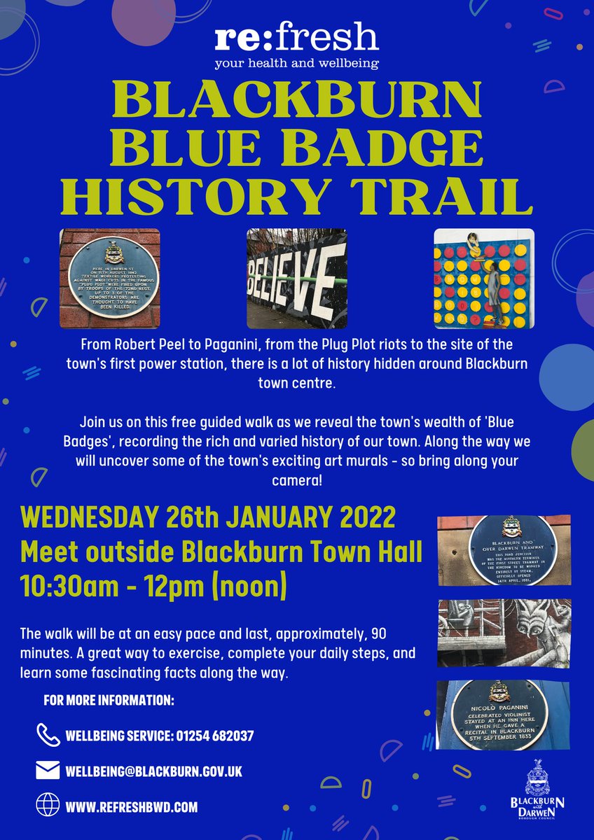 BLACKBURN BLUE BADGE HISTORY TRAIL
 
Join us on this free guided walk! The walk will be at an easy pace 90 minute walk. A great way to exercise, complete your daily steps, and learn some fascinating facts along the way.
 
Meet outside Blackburn Town Hall
10:30am
Wed 27 Jan