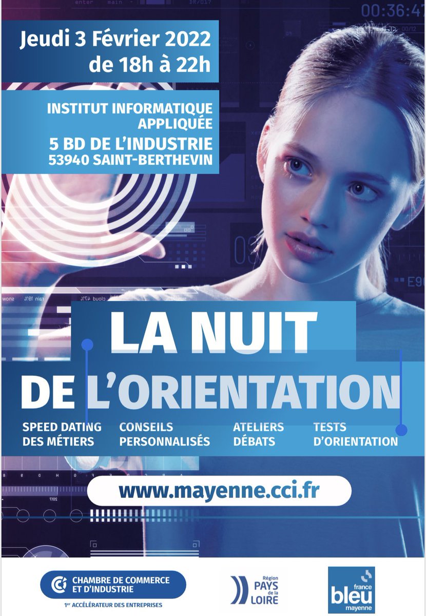 morvan_maelle's tweet photo. #nuitdelorientation Pour tous les jeunes qui souhaitent échanger avec des professionnels en toute simplicité, venez le 03 /02 rencontrer + de 100 pros : sport, environnement, logistique, santé, digitale, électricité, immobilier, assurance , banque, communication.. 
@CCIMayenne https://t.co/t85tkJgZ7z