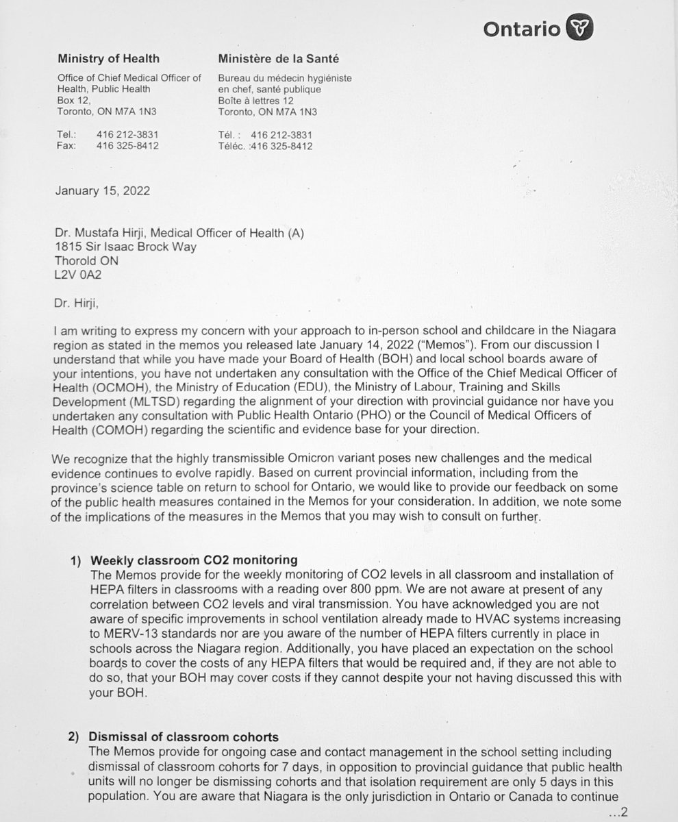 tristan_sudbury's tweet photo. BREAKING - Dr. Kieran Moore writes to @mustafahirji admonishing him for adding in EXTRA layers of protection in schools.

Dr. Moore is strongly against changing isolation to 7 days, dismissing cohorts, monitoring CO2, and asking for a doctor letter for student mask exemptions. https://t.co/qw9TRiKfyg