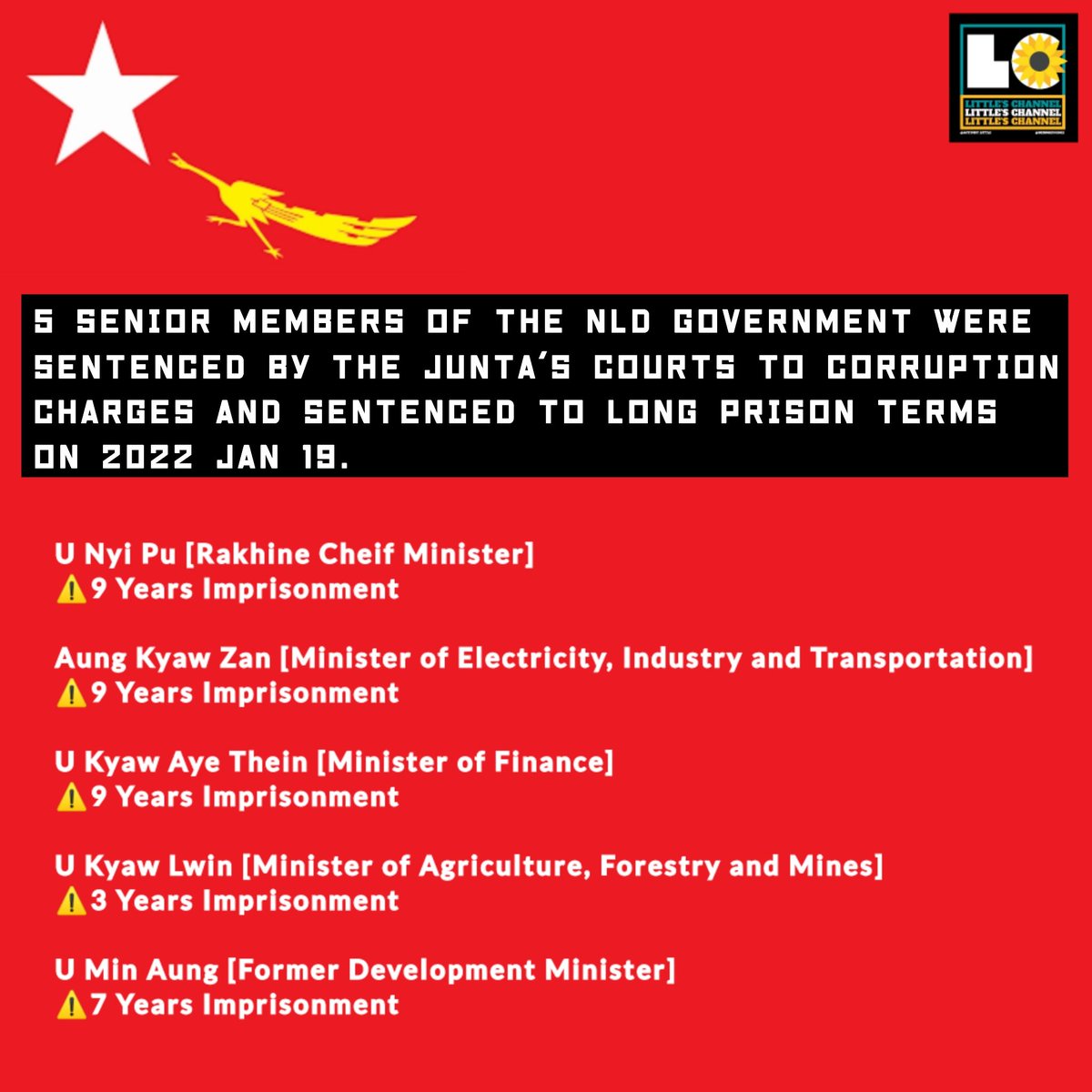 5 senior members of the NLD government were sentenced by the junta's courts to corruption charges and sentenced to long prison terms on 2022 Jan 19.  #2022Jan20Coup #ReleaseTheDetainees #WhatsHappeningInMyanmar