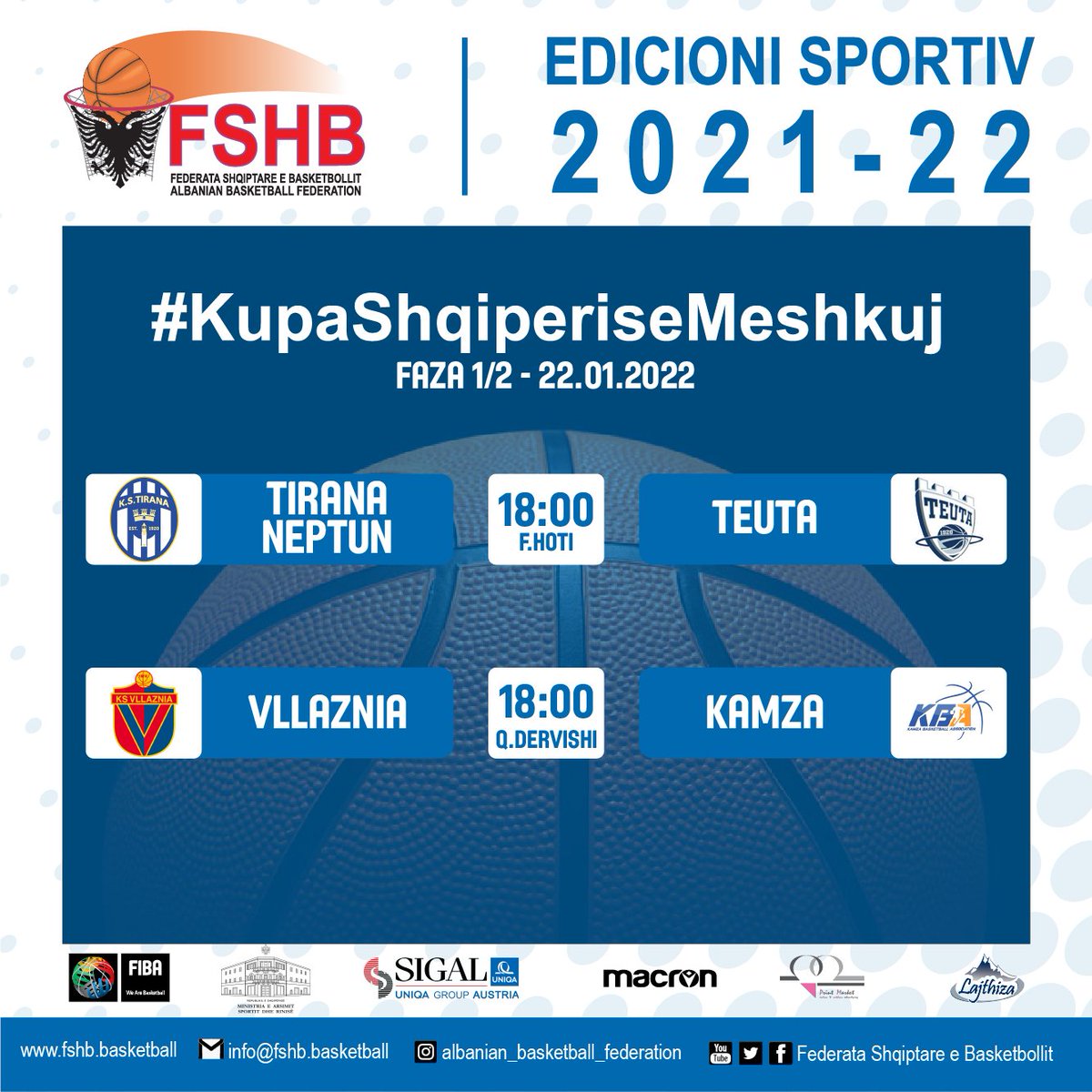 Sot ne ambjentet e FSHB-se u hodh shorti per fazen 1/2 finale #KupaShqiperiseMeshkuj 2022
Ndeshja finale do te zhvillohet kete te diele (23.01.2022) ora 18:00, ne sallen e ekipit fitues te ndeshjes ndermjet Tirana NEPTUN dhe Teuta.
#fshb #albanianbasketballfederation