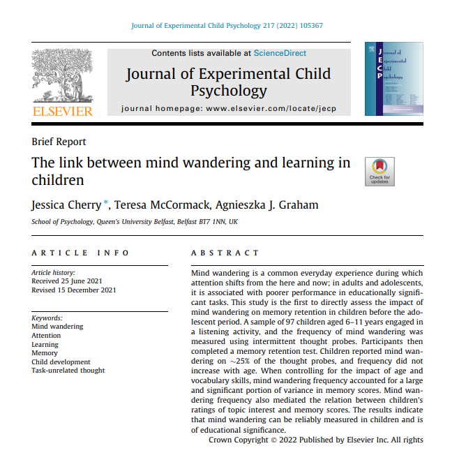 Our #JECP paper on #mindwandering and #memoryretention in children is available now through authors.elsevier.com/c/1eRqH_W9vXqoz