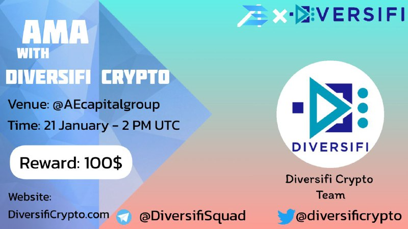 AEcapitalt's tweet photo. 🔥 AE Capital will Host the #AMA with @diversificrypto

💰 Reward pool: $100 
👉 Venue: https://t.co/2pjphZFsjT
⏰ Date &amp; time: 21 January at 2 PM UTC | 9 PM GTM+7

Follow Twitter:
@AEcapitalt &amp; @diversificrypto

Like + Retweet, Ask Question on Comment. ( Max 5 question ) https://t.co/lYiOZ3yl2j