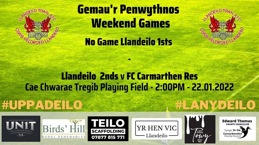 Not quite the weekend we hoped with both sides losing to 3 goals each… but as always… we go again! 

Diolch eto i The Torbay Inn Ffairfach am noddi! 

Yr un gêm penwythnos hyn! Pob lwc lads 

#lanydeilo #uppadeilo