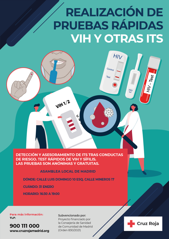 ¿Quieres hacerte un prueba rápida de #VIH? En #CruzRoja realizamos actividades de prevención de #ITS y pruebas rápidas #VIH. 

Te esperamos el 31 de enero de 16:30 a 19.00 hrs en C/ Luis Domingo 10 📍.

Para saber más sobre el #VIH 👉 <a href="/InfoVIHCruzRoja/">Info-Prevención VIH/ITS/TBC</a>