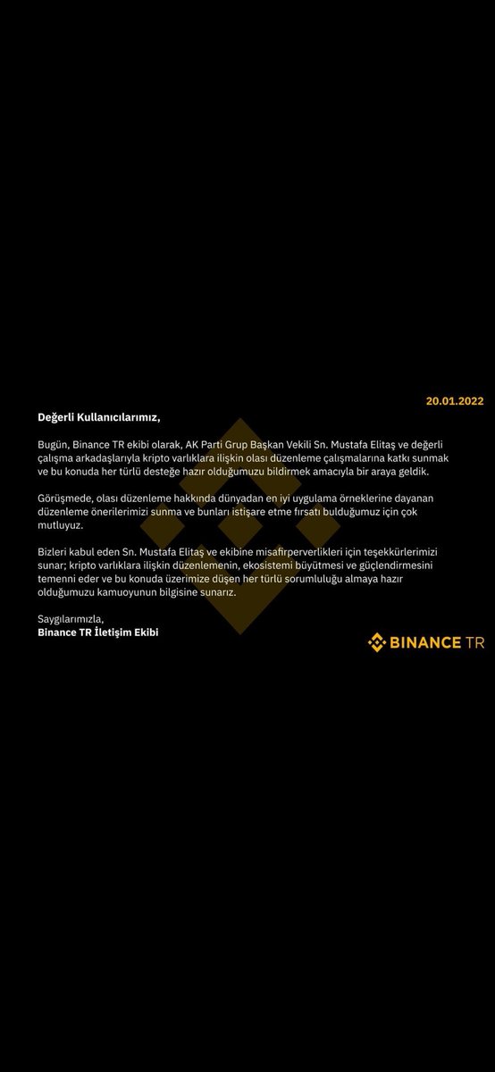 📍Binance TR, AKP Grup Başkan Vekili Mustafa Elitaş ile yapılan toplantıya dair açıklama yayınladı. #BTC