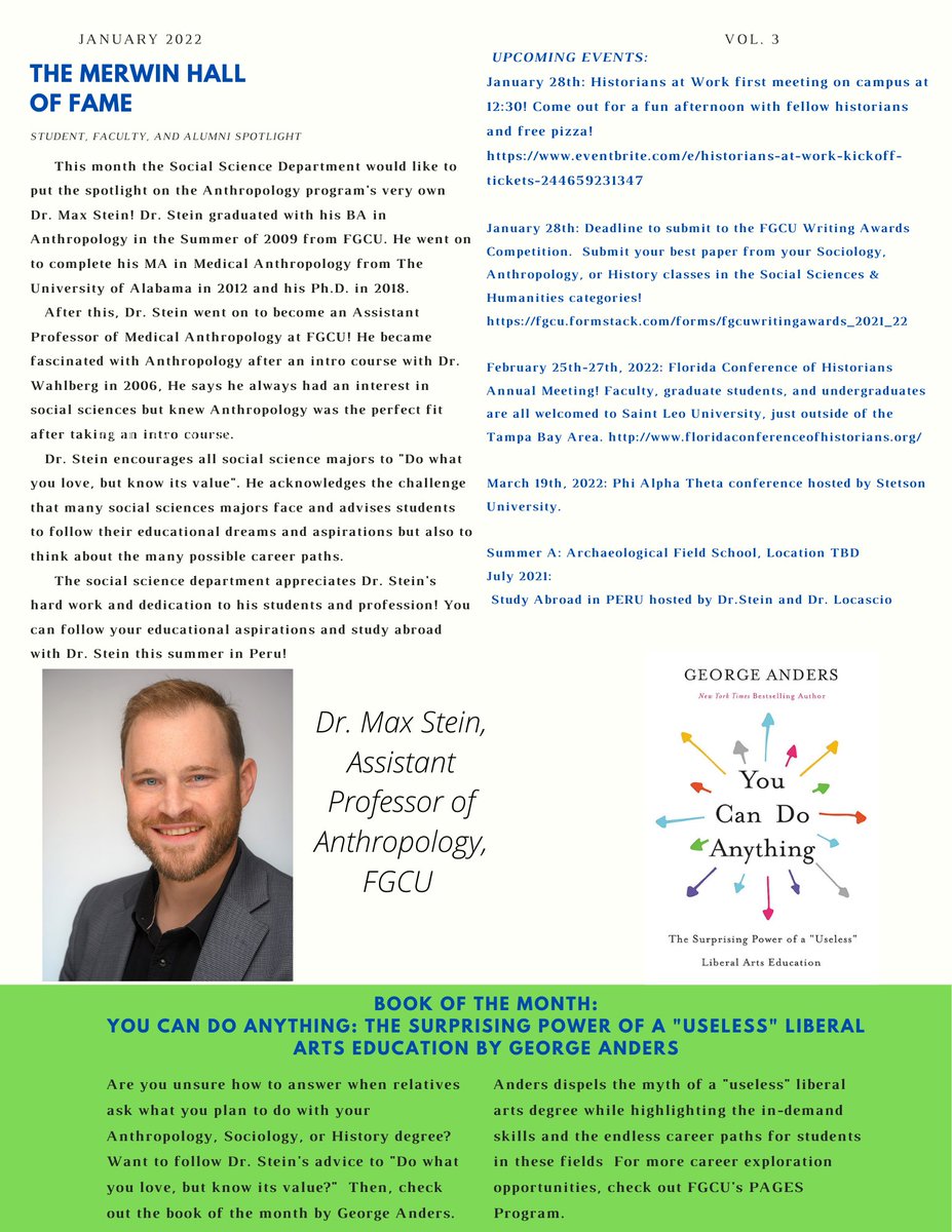 Check out the new January issue of "Musings from Merwin Hall," the Social Science Department's Newsletter!  #FGCU #socialsciences #anthropology #sociology #history