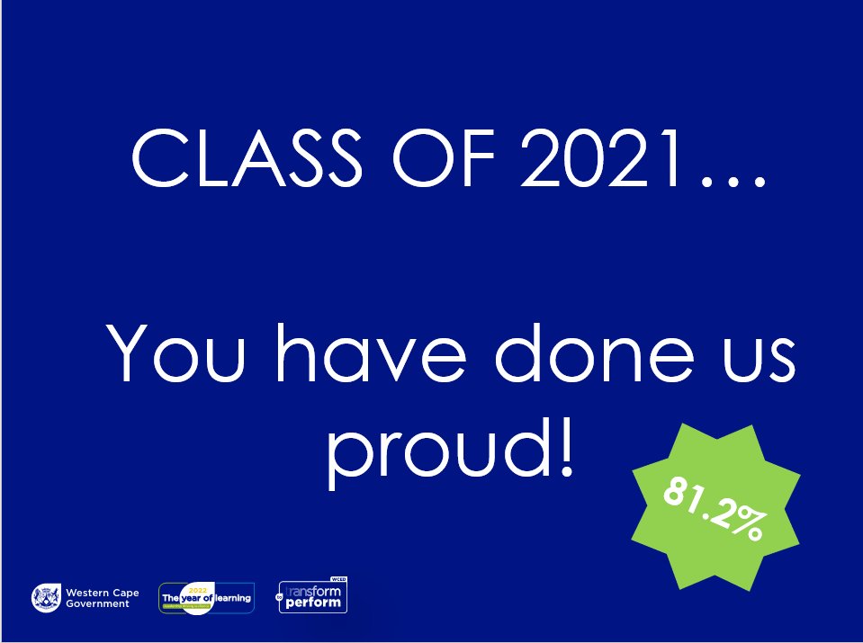 81.2% in the 2021 NSC examinations! Up from 79.9% in 2020 - well done to the Class of 2021! #MatricResults
