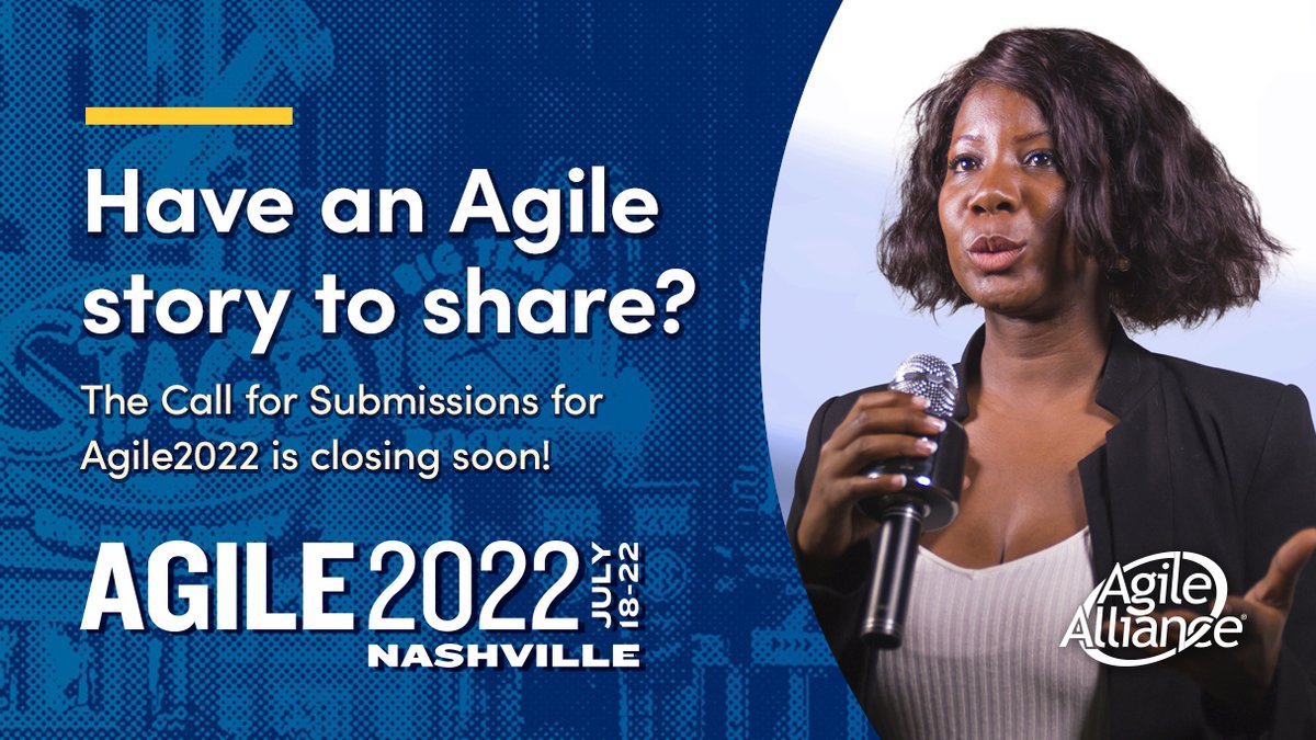 AgileAlliance's tweet photo. Whether you’re an experienced or first-time speaker, we encourage you to submit your talk or workshop proposal for #Agile2022. The Call for Submissions closes on February 15th. This year’s conference takes place July 18-22 in Nashville.

https://t.co/aU37zaoinL

#agile #Agile2022 https://t.co/ndNrWF15Ao