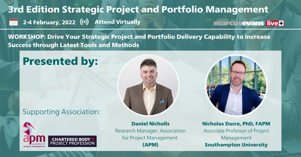 marcusevans's tweet image. Looking forward to @APMProjectMgmt presenting the workshop at the 3rd Edition Strategic #Project and #Portfolio Management virtual conference, in just two weeks from now! Drive success in your #StrategicProject and Portfolio Delivery Capability! Register: bit.ly/3GN4UK1
