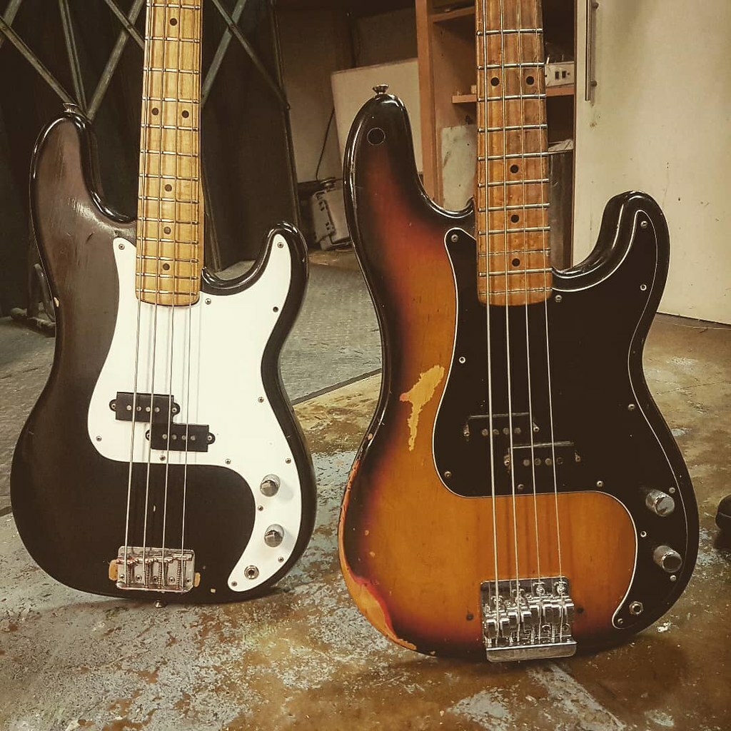 Jack_Ellis's tweet photo. A 72 and 73, one in and one out. The things these things must have seen... . . . . #guitarrepair #guitarist #gibson #fender #manchester #luthier #guitarporn #manchesterguitars #northwest #geartalk #guitarsofinstagram #bassist #bassguitar #fender #precisio https://t.co/cKg7rRz7Ba