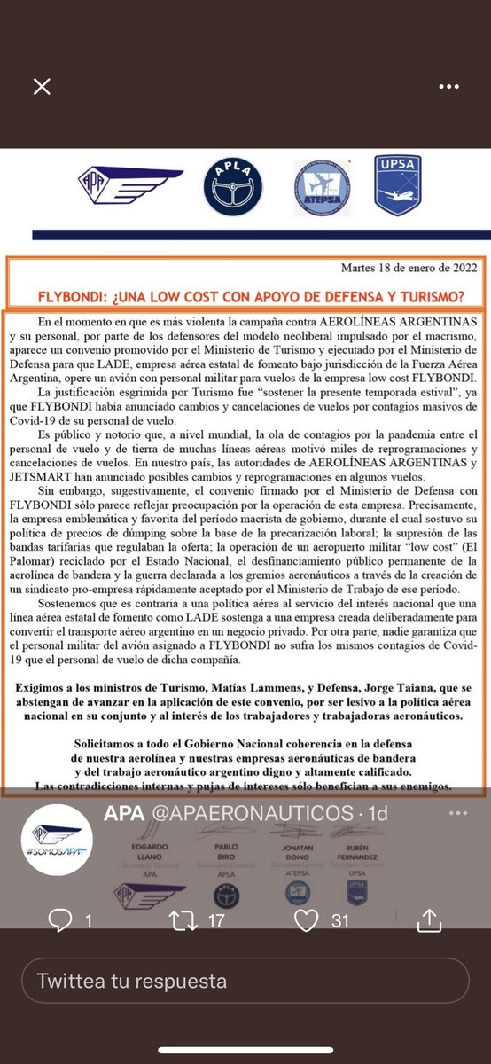 📌✈️ INSOLITO: Avión de la FFAA Argentina, con tripulantes de LADE hará 15 vuelos charter en enero para FlyBondi, una empresa privada Low Cost con pésima reputación y Record de Incidentes. Pregunto: QUÉ POLITICA AEROCOMERCIAL TENEMOS <a href="/alferdez/">Alberto Fernández</a>⁉️ argentina.gob.ar/noticias/la-ae…