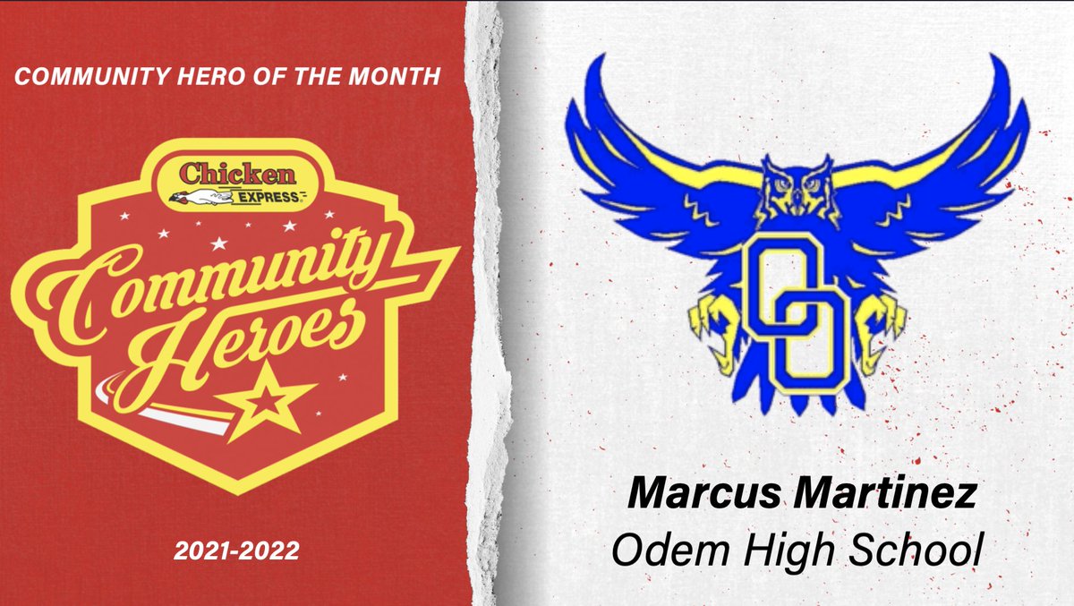 Congratulations to Marcus Martinez of Odem High School for being named as the December Community Hero of the Month presented by <a href="/Chicken_Express/">Chicken Express</a>!

WATCH: youtu.be/Kle-D9E3h-o

🏈 <a href="/OdemOwlFootball/">Odem Owl Football</a> | <a href="/odemhs/">Odem High School</a>