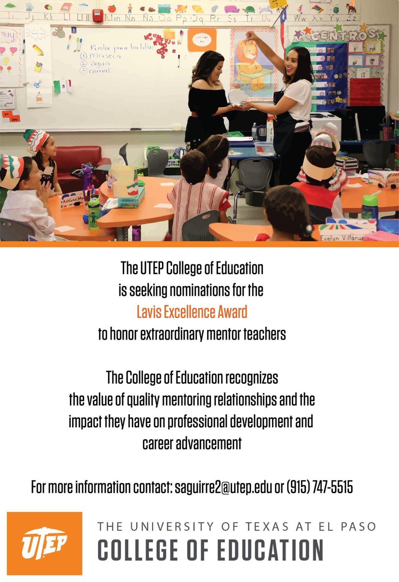 We are excited to accept nominations for the Evelyn Schwartz & Lavis Excellence Awards. Please take a moment to nominate extraordinary novice and mentor teachers. Nominations are due February 28, 2022. You can find more information here: utep.edu/education/news…