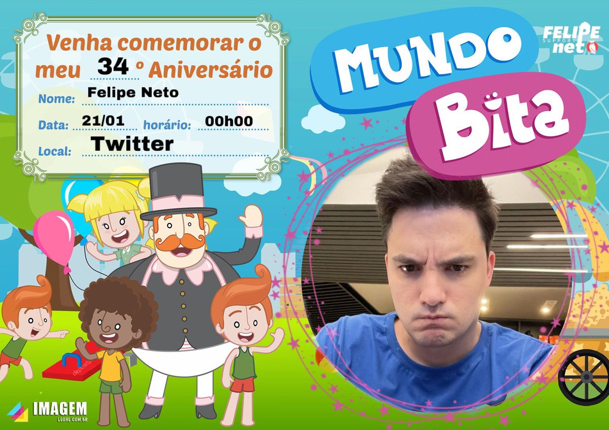 SupportFeNeto's tweet photo. Você está oficialmente convidado(a) para a festa de aniversário do Felipe Neto! 

📍Local: Twitter 
⌚️Horário: Meia noite (com a liberação da hashtag). 

Prepare suas edits e textinhos e venha celebrar com a gente.

Por favor, confirme a sua presença https://t.co/IdTXgNTvwM