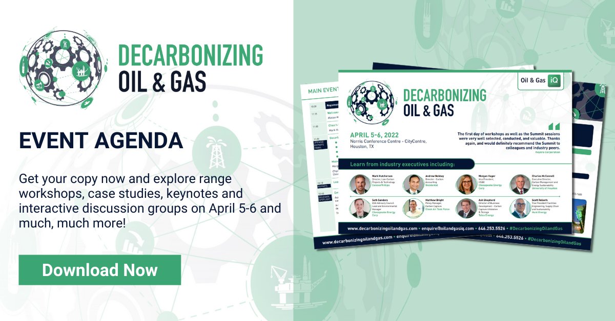 OilandGasIQ's tweet photo. This April, hear how companies like Shell, Total, Chesapeake, ConocoPhillips and more are quantifying their emissions baseline and more at '𝐃𝐞𝐜𝐚𝐫𝐛𝐨𝐧𝐢𝐳𝐢𝐧𝐠 𝐎𝐢𝐥 &amp; 𝐆𝐚𝐬'. 

Download the event agenda to learn more: https://t.co/ZzdbBKFqyi

#DecarbonizingOilandGas https://t.co/A3W92FXT50