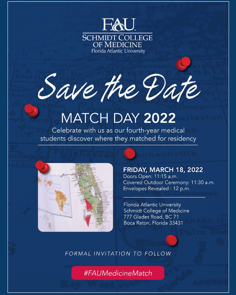 faucollegeofmed's tweet photo. Save the Date! Match Day 2022 March 18th. Be sure to mark your Calendars! #FAU #FAUMedicineMatch https://t.co/vknua8J7nD