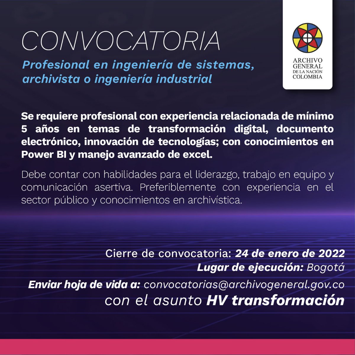 ArchivoGeneral's tweet photo. ⚠ Atención!
El #AGN tiene una nueva #OfertaLaboral para #IngenieroSistemas, #Archivista o #IngenieroIndustrial. Si cumples con el perfil, envía tu hoja de vida hasta el 24 de enero al correo convocatorias@archivogeneral.gov.co https://t.co/yJOX2vMSg6