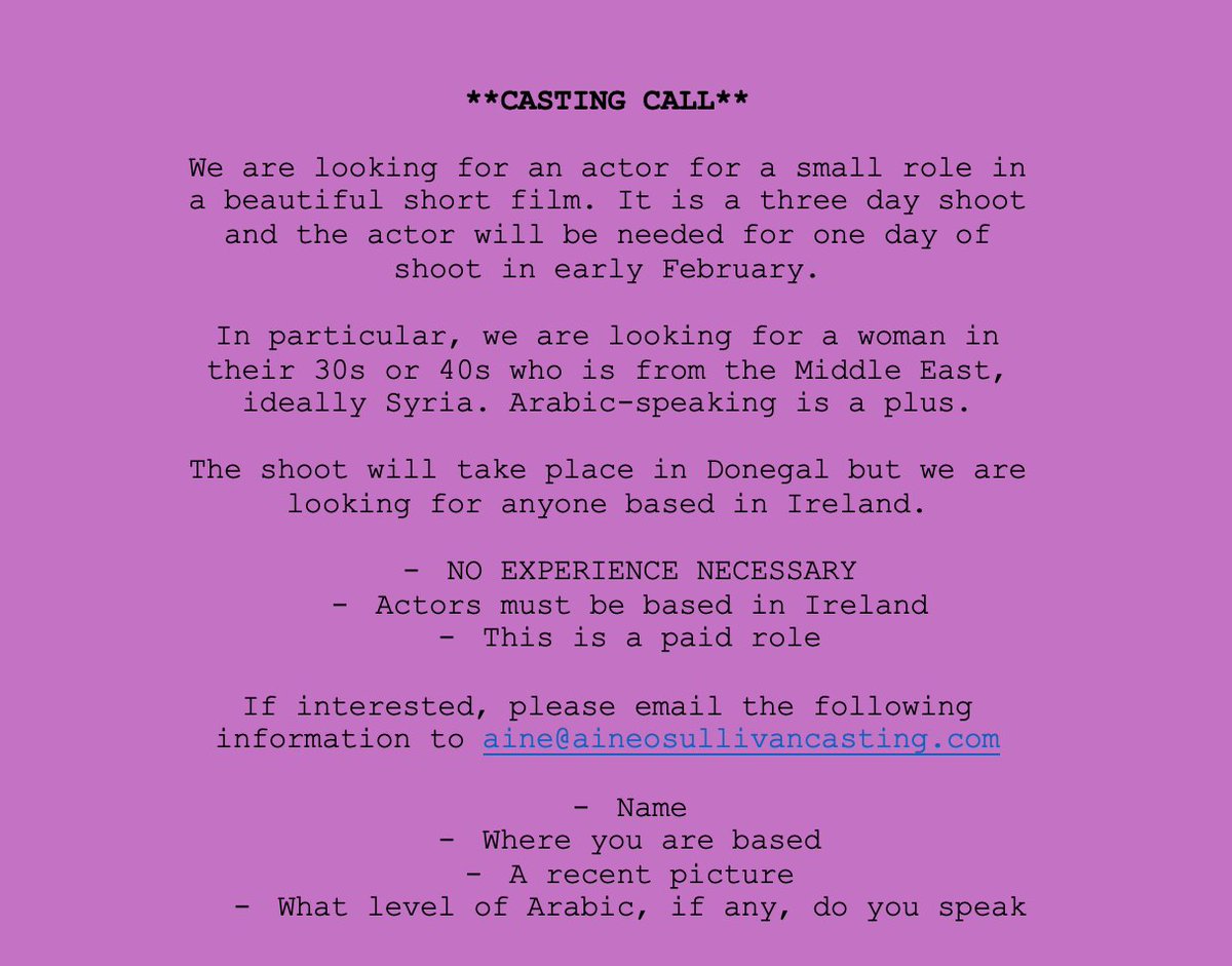 Looking for an actor from the Middle East for a really beautiful short film shooting in Donegal. No experience required. Please do share! 

#casting #ArabicSpeakers #Syrian #MiddleEast
