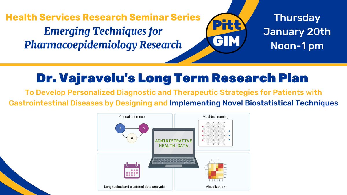 PittGIM's tweet image. To develop personalized diagnostic &amp;amp; therapeutic strategies, we need to design &amp;amp; implement novel #biostatistical techniques, including:

1️⃣ Causal inference
2️⃣ #machinelearning
3️⃣ longitudinal &amp;amp; clustered data analysis
4️⃣ visualization

#PittHSRseminar