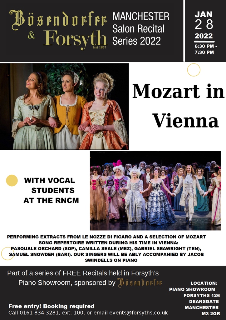 ForsythMusic's tweet photo. You are invited to a FREE 'Night At The Opera' at Forsyth's, next Friday 28th Jan at 6:30 pm. Opera students at the RNCM will be performing extracts from Le Nozze di Figaro and a selection of Mozart song repertoire written during his time in Vienna. visit https://t.co/gf93aucJd2 https://t.co/RJBqb1kRjw