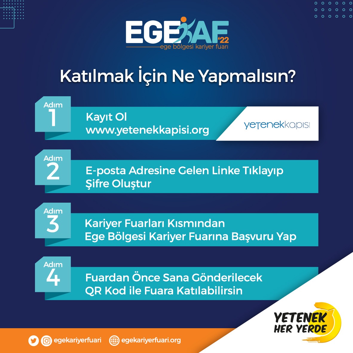 👉Aşamaları takip edin, 🔗yetenekkapisi.org hesabınızı alın, "Ege Kariyer Fuarı" na şimdi kayıt olun! 💼📢 #isinucundasenvarsin
👉<a href="/egekariyerfuari/">Ege Kariyer Fuarı</a>
👉@tccbiko
👉<a href="/yetenekheryerde/">Yetenek Her Yerde</a>
👉<a href="/UniversiteEge/">Ege Üniversitesi</a>