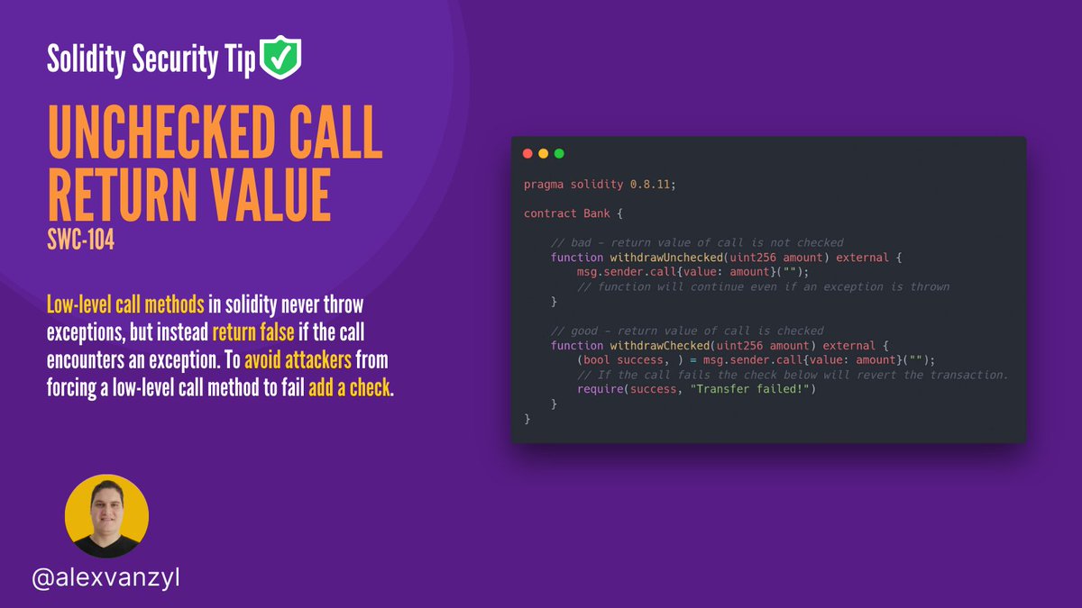 #Solidity Security Tip 🛡️

To avoid attackers from forcing a low-level call method to fail add a check. - bit.ly/3rxgOkU
