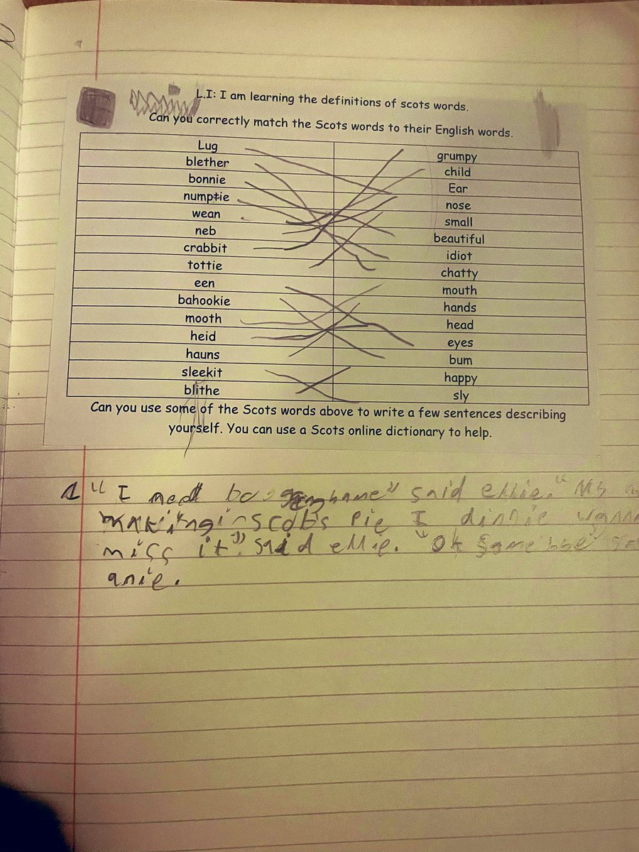 GemmaLaing4's tweet photo. Exploring Scot’s words in writing today! P6 played a #kahootquiz as a warm up on how many Scottish words they knew. We then created a word bank to use to help us identify, understand and create sentences using Scot’s words👏🏻 #scotsfocus #literacy #scotslanguage #scotwords https://t.co/M8uC5rBMEB