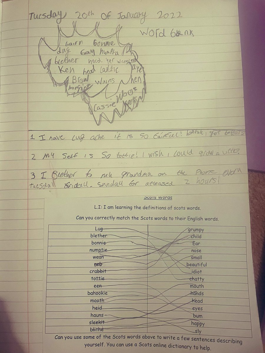 GemmaLaing4's tweet photo. Exploring Scot’s words in writing today! P6 played a #kahootquiz as a warm up on how many Scottish words they knew. We then created a word bank to use to help us identify, understand and create sentences using Scot’s words👏🏻 #scotsfocus #literacy #scotslanguage #scotwords https://t.co/M8uC5rBMEB