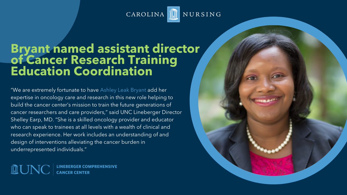 UNCSON's tweet photo. Congratulations to Associate Professor Dr. Ashley Leak Bryant who has been appointed by @UNC_Lineberger  as an assistant director of Cancer Research Training Education Coordination (CRTEC)! 

Read more: https://t.co/EpdpOzdrKb https://t.co/edWNnAhltK