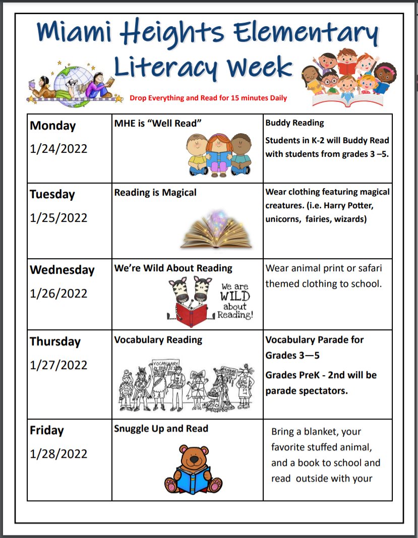 MIAMIHEIGHTSEL's tweet photo. Miami Heights Elementary will be celebrating Literacy Week. Join in on all the fun! #mhemustangs #wellread #readingismagical #wildaboutreading #vocabularyparade #snuggleupandread https://t.co/MHA7mUoWI9