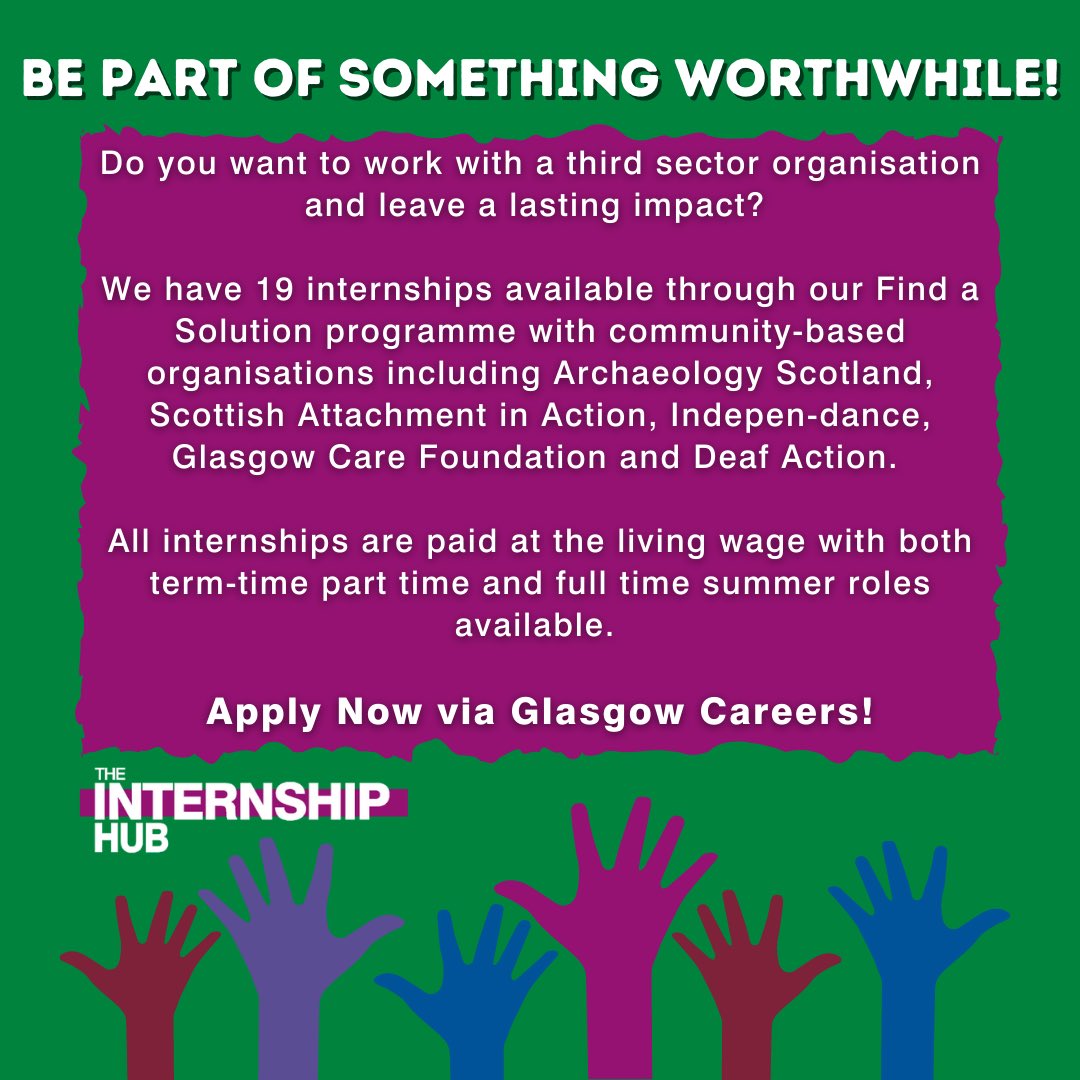 UofGCareers's tweet photo. Be Part of Something Worthwhile!

We have 19 exciting internships with third sector community-based organisations available through our Find a Solution programme, exclusive to #UofG students! 

Apply via Glasgow Careers 🌟

#teamuofg #glasgowuniversity #glasgowuni #glasgowcareers https://t.co/AUCrB888Jv