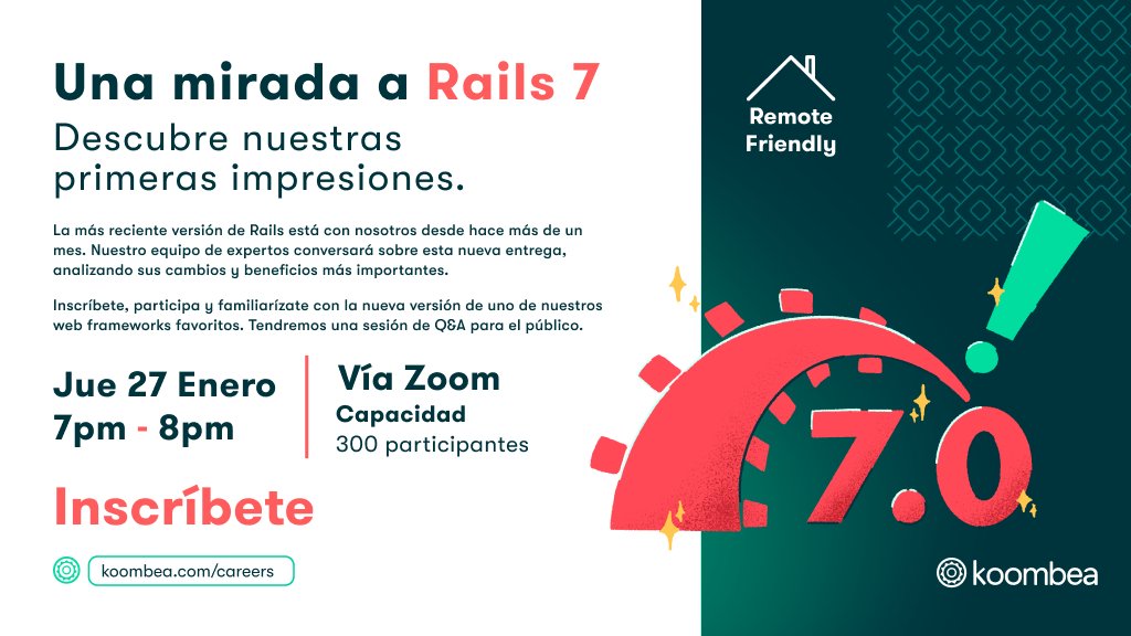 koombea's tweet image. La más reciente versión de Rails está con nosotros desde hace más de un mes. 🙌 Nuestro equipo de expertos conversará sobre esta nueva entrega, analizando sus cambios y beneficios más importantes. 
Inscríbete haciendo clic aquí 👉 bit.ly/33zEk8M
#RubyOnRails #Rails7