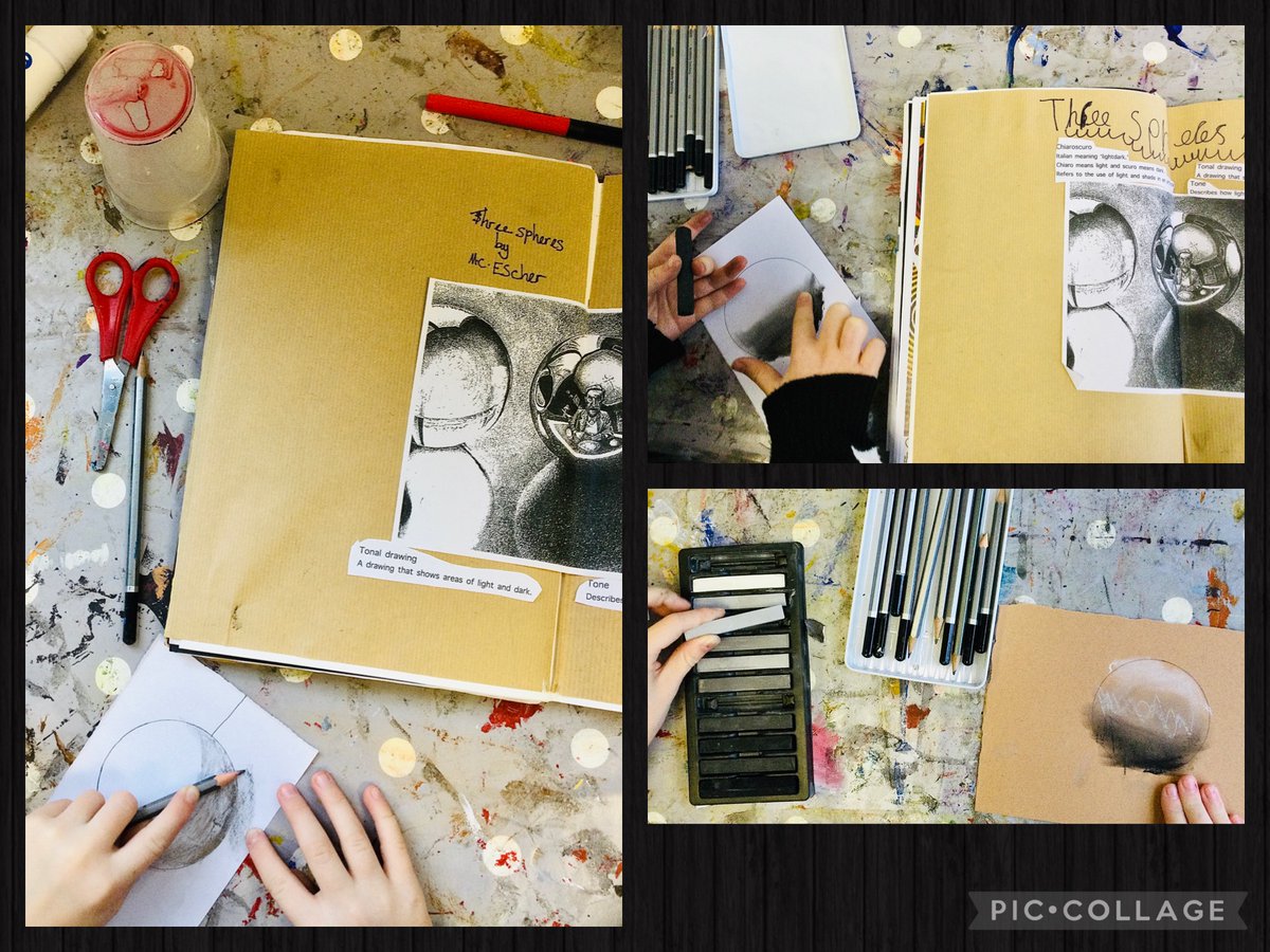 mill_view's tweet photo. Kestrels have learnt about Chiaroscuro. Using M.C.Escher’s‘Three Spheres II’as inspiration, they created their own spheres, experimenting with pencils, charcoal and pastels to produce light/dark areas. The final task was to make a dramatic, wintry tree scene. @CAcademiesTrust https://t.co/JiqTuJ6KGk