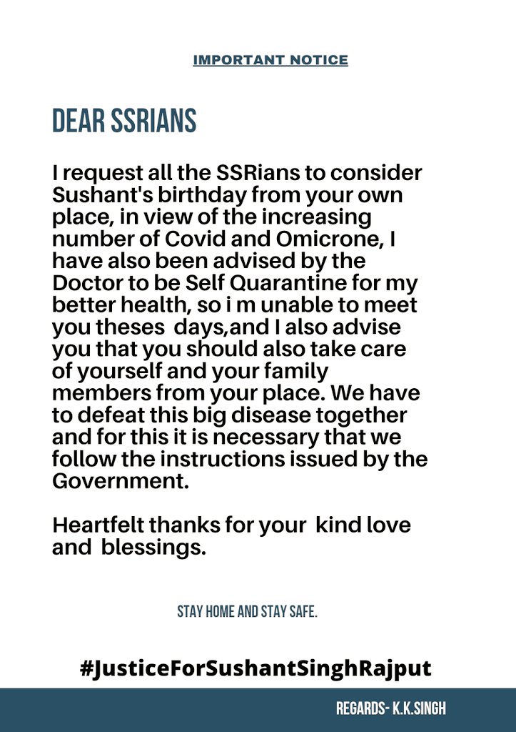 oyeSKD's tweet photo. Request to all SSRians from Sushant Singh Rajput's father Shri K K Singh...
#SushantDay https://t.co/2xyaxZSFTs