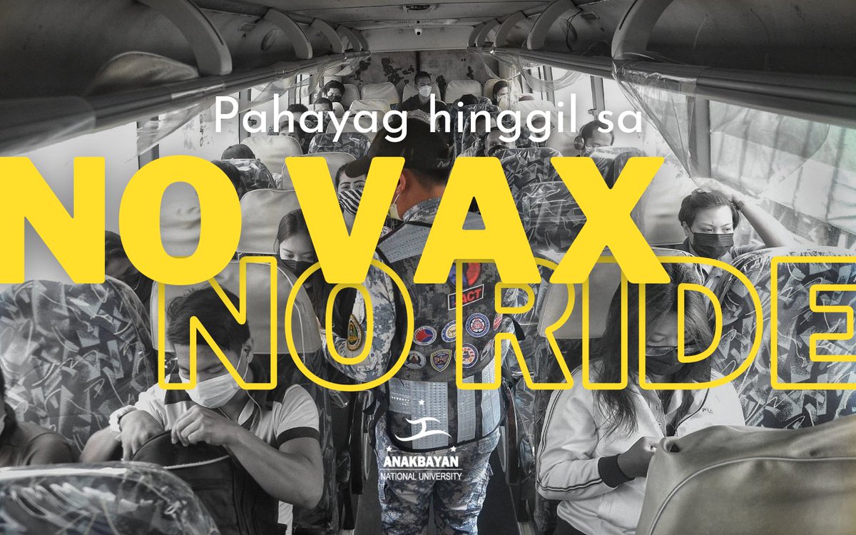 ABNationalU's tweet photo. PAHAYAG HINGGIL SA "NO VACCINE NO RIDE." 

Matapos magkaisa ng 17 mayors sa  metro manila nang pagbawal sa paglabas ng mga unvaccinated na residente laban sa covid. Opisyal na ibinaba noong ika-17 ng Enero ang "No Vaccination No ride" sa lalawigan Metro Manila. https://t.co/wenG0Hgh7R