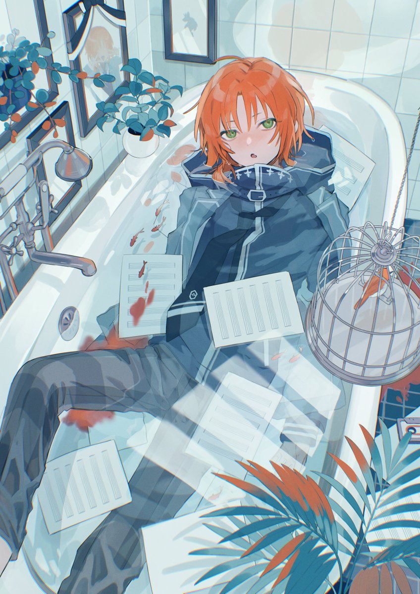 bathtub solo green eyes orange hair male focus 1boy looking at viewer  illustration images