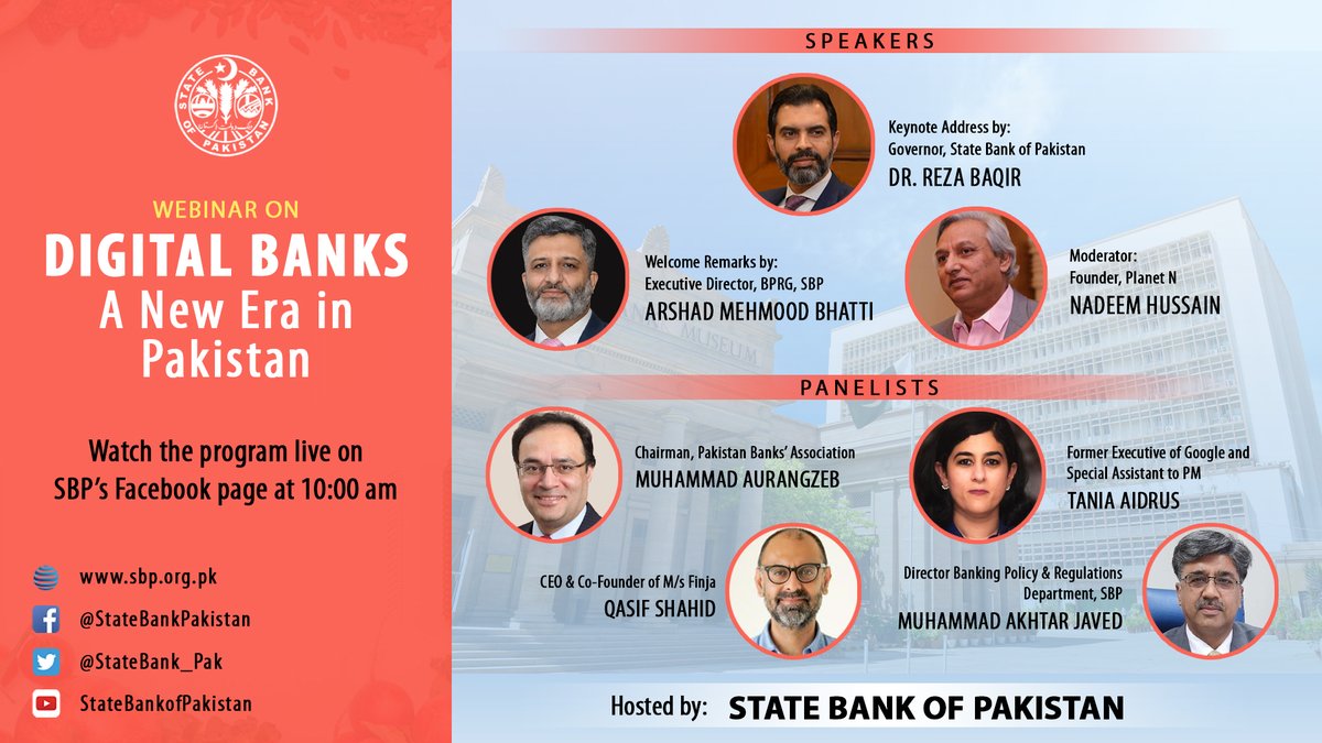SBP (@statebank_pak) on Twitter photo #SBP will be live tomorrow Jan 21 @ 10am with a session on Digital Banks - A New Era in Pakistan. Keynote address Governor, Dr Reza Baqir <a href="/rezabaqir/">Reza Baqir</a> and panel discussion with industry leaders on SBP's new framework for digital banks in Pakistan. Watch @ facebook.com/StateBankPakis… #SBP will be live tomorrow Jan 21 @ 10am with a session on Digital Banks - A New Era in Pakistan. Keynote address Governor, Dr Reza Baqir <a href="/rezabaqir/">Reza Baqir</a> and panel discussion with industry leaders on SBP's new framework for digital banks in Pakistan. Watch @ facebook.com/StateBankPakis…